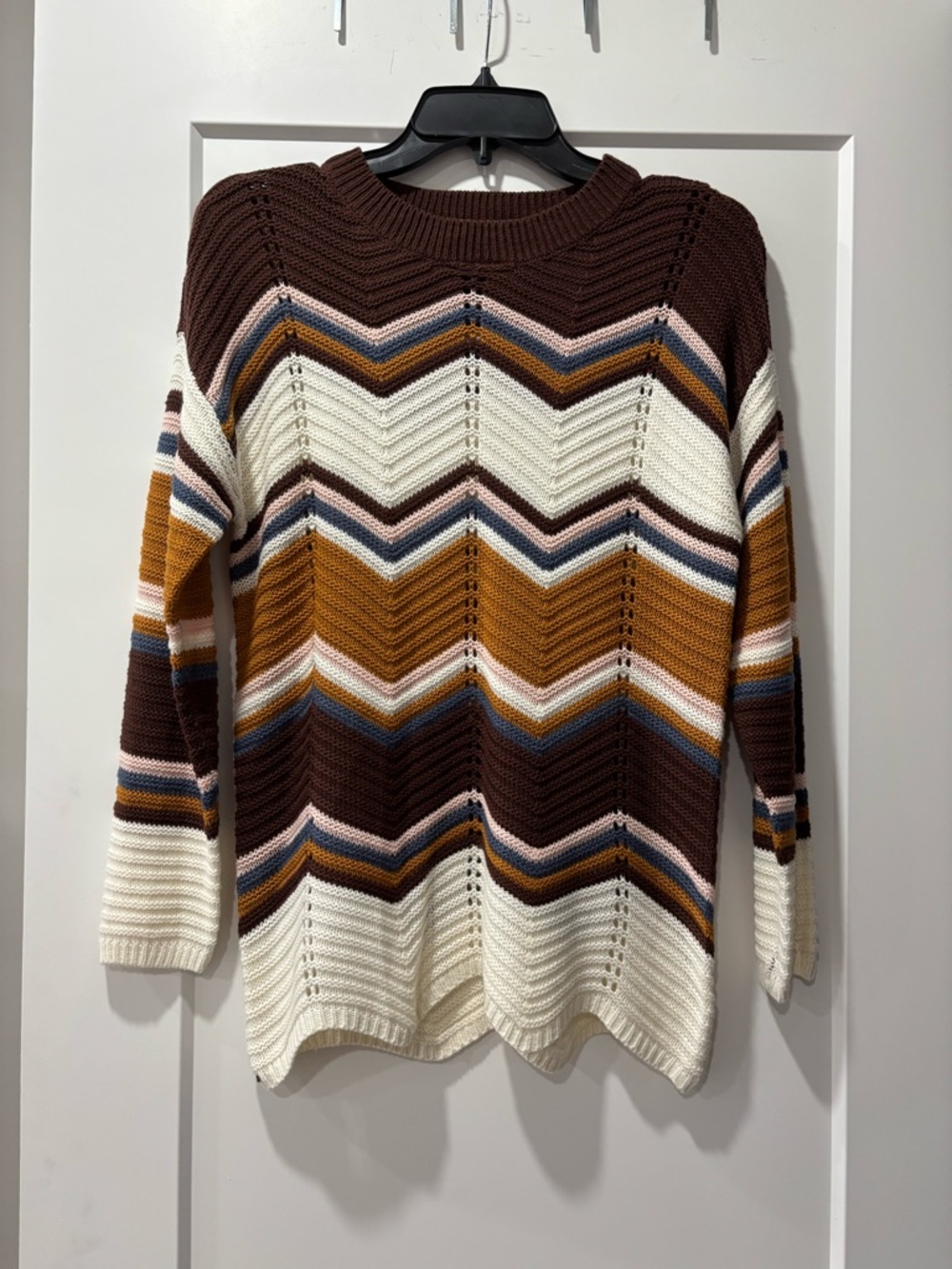 Chunky Chevron Knit Sweater - Brown, Cream & Mustard- M